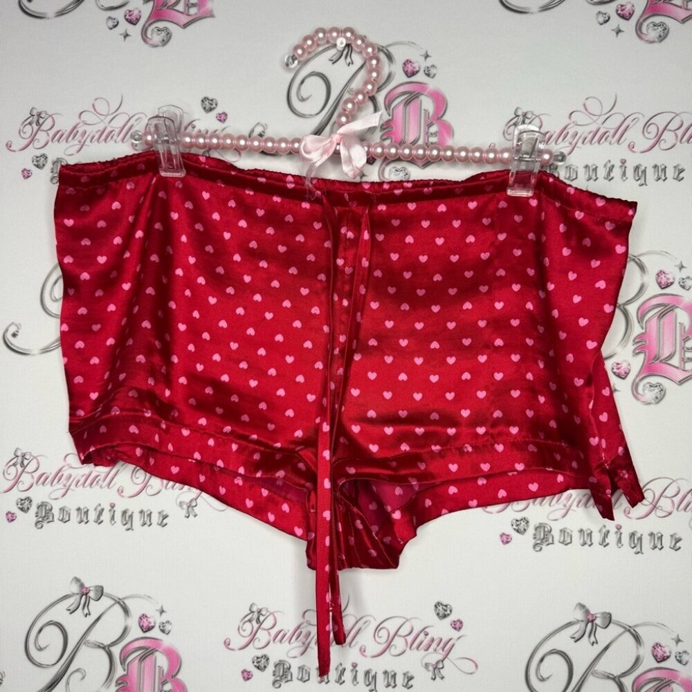 La Senza shorts red and pink hearts silky, satin shimmer fabric, very soft luxe
